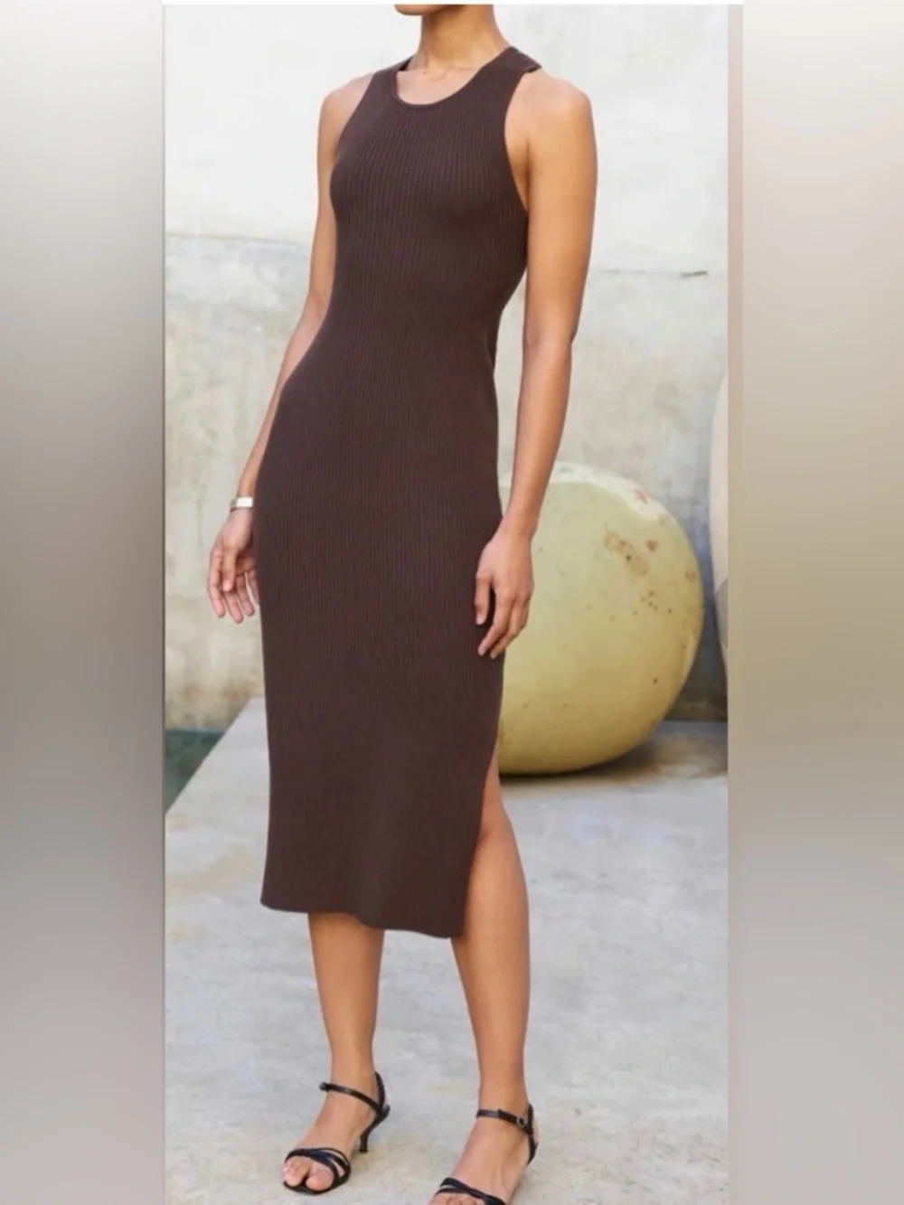 AYR Brown Ribbed Cross-Back Midi Dress - Picture 2 of 7
